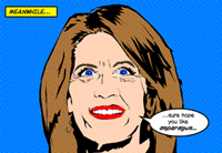 Michelle Bachman was seen by many as childish and severe. The bright colors and cartoon style are reflections of those traits.